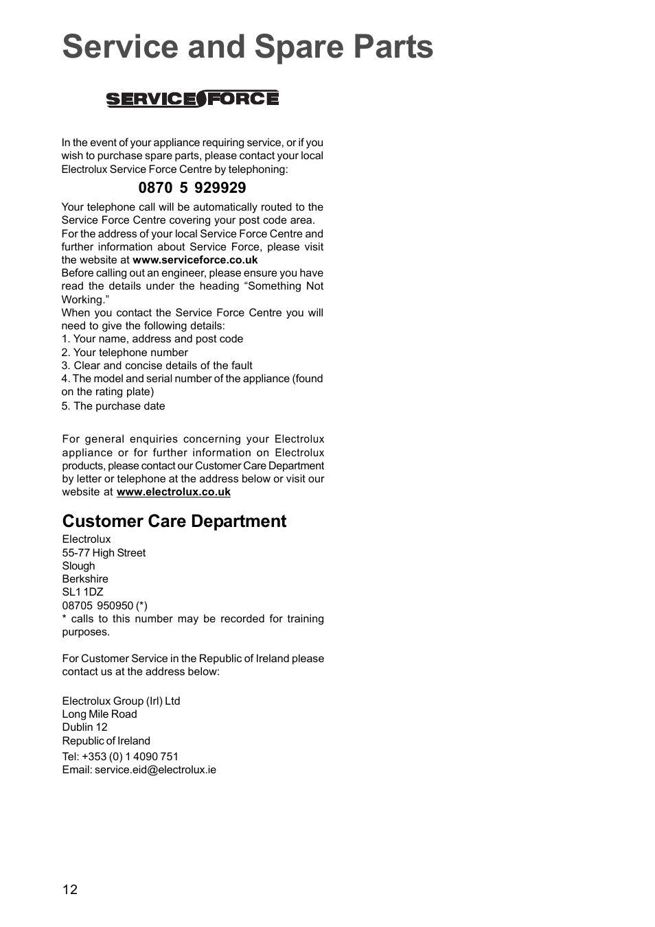 Service and spare parts, Customer care department | Electrolux EOG 601 User Manual | Page 12 / 20