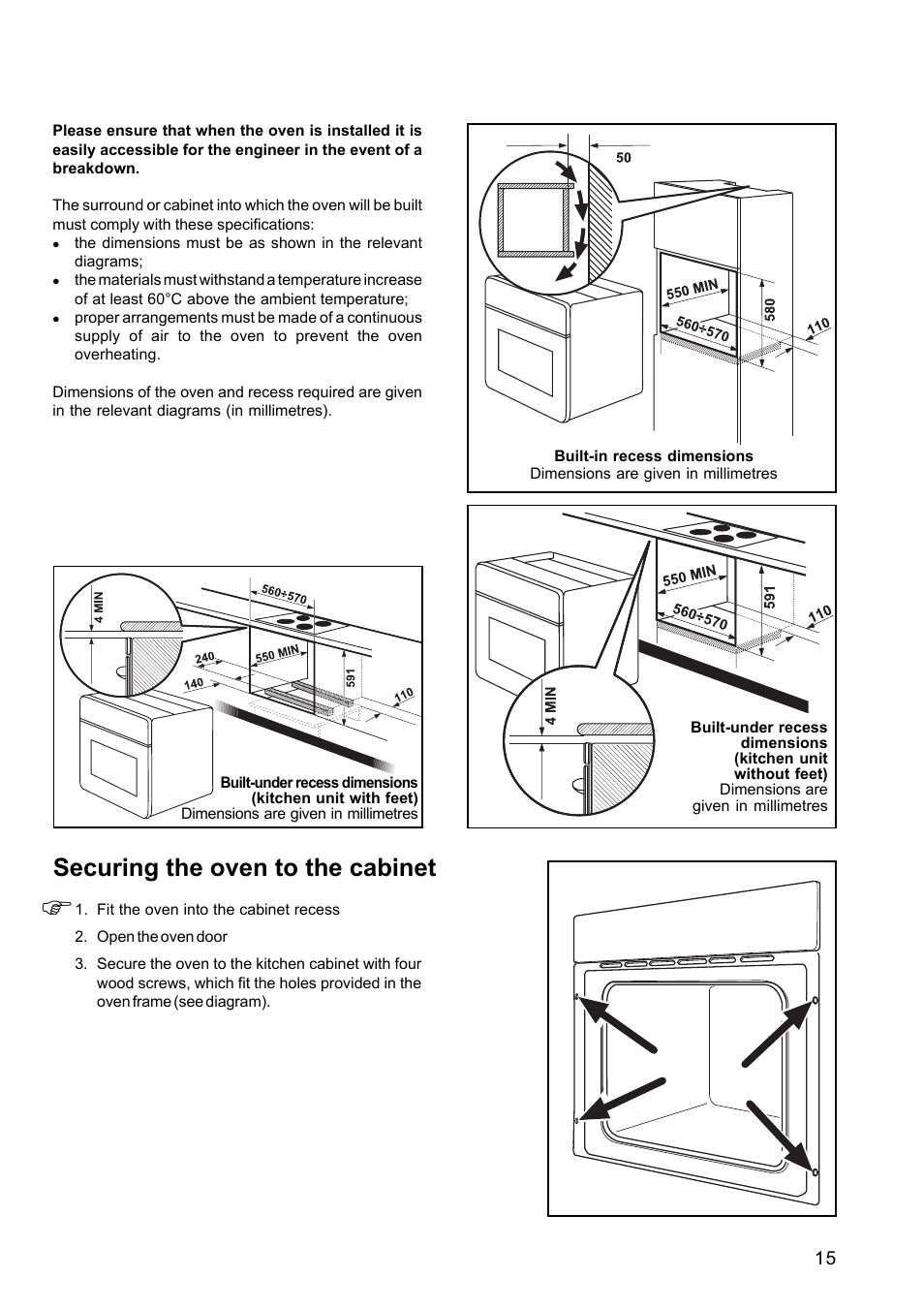 Securing the oven to the cabinet | Electrolux EOG 601 User Manual | Page 15 / 20