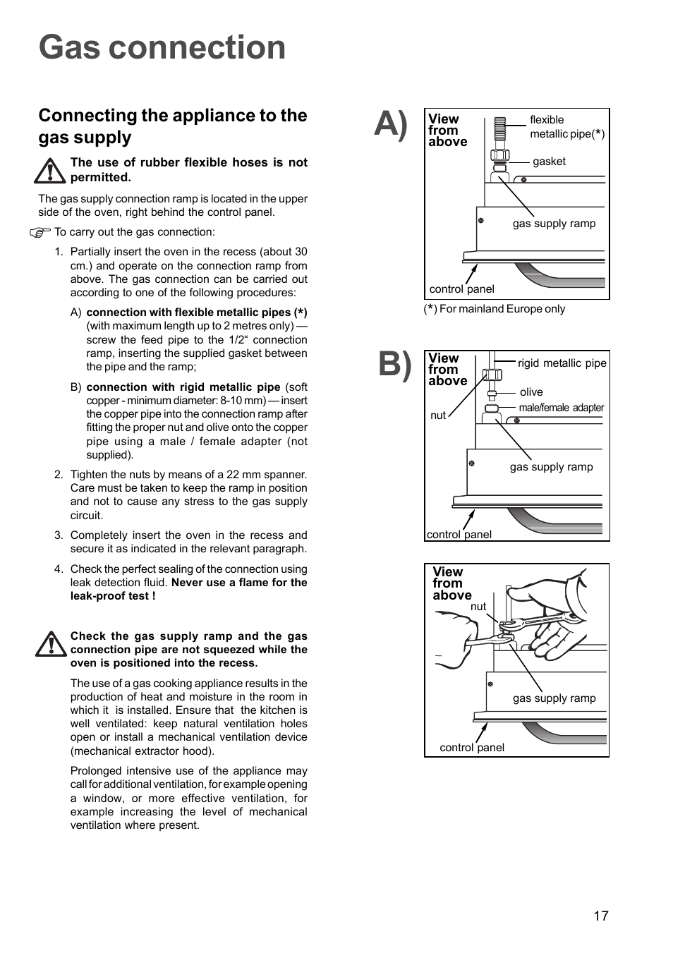 Gas connection, A) b), Connecting the appliance to the gas supply | Electrolux EOG 601 User Manual | Page 17 / 20