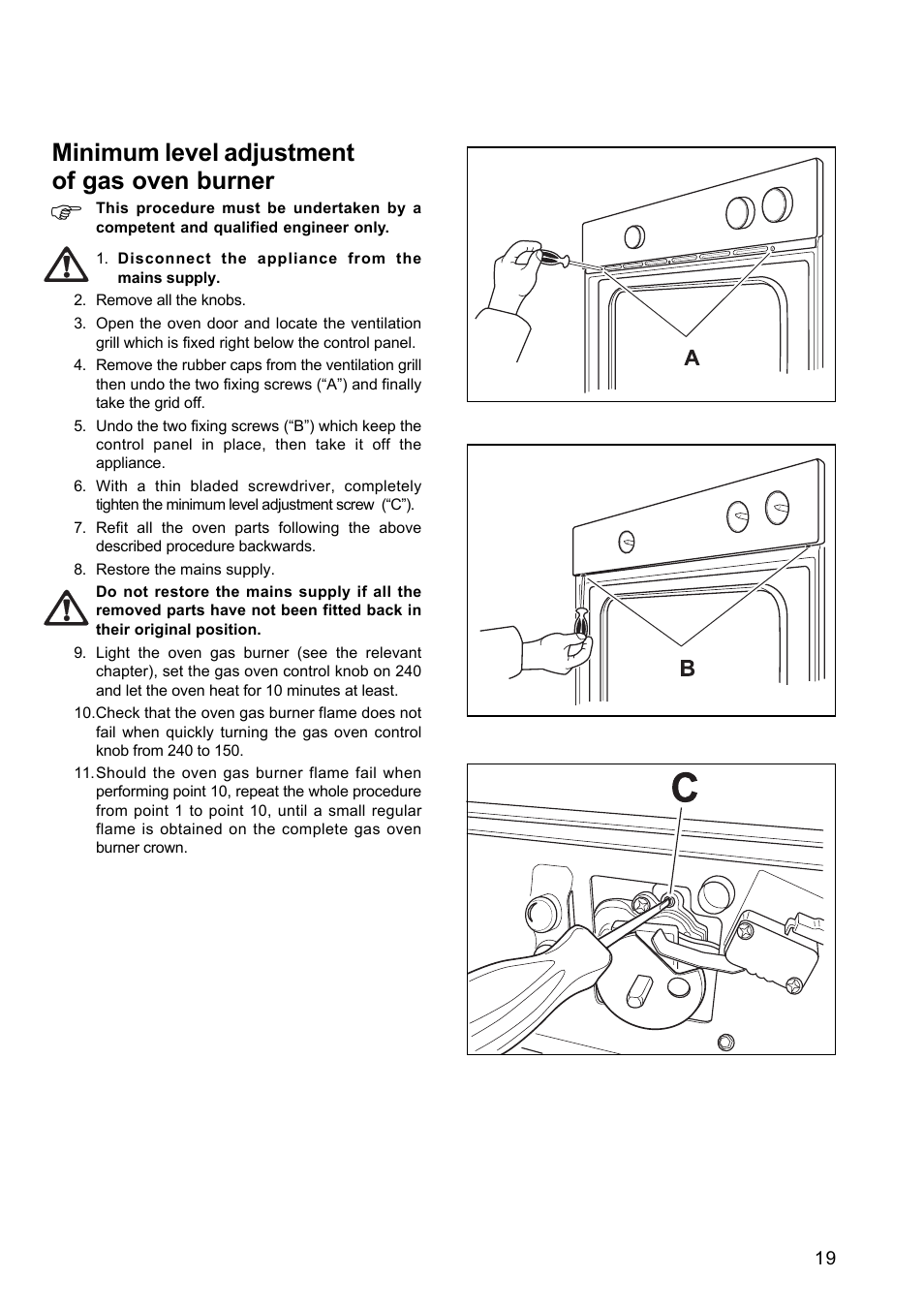 Minimum level adjustment of gas oven burner | Electrolux EOG 601 User Manual | Page 19 / 20