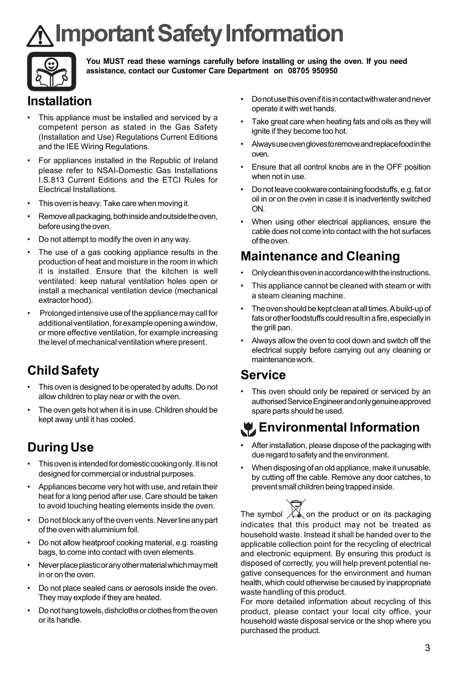 Important safety information, Installation, Child safety | During use, Maintenance and cleaning, Service, Environmental information | Electrolux EOG 601 User Manual | Page 3 / 20