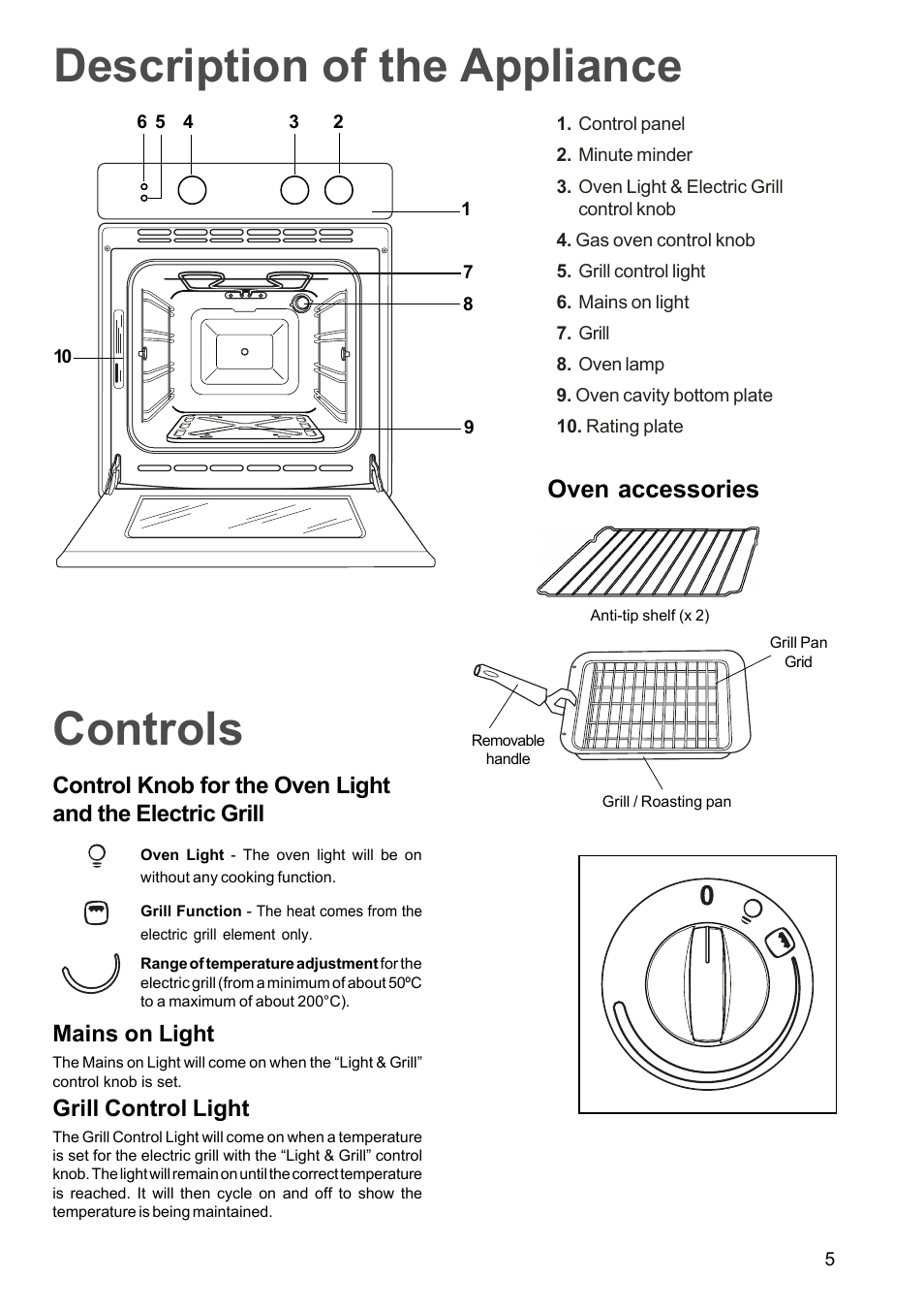 Controls description of the appliance, Oven accessories, Mains on light | Grill control light | Electrolux EOG 601 User Manual | Page 5 / 20
