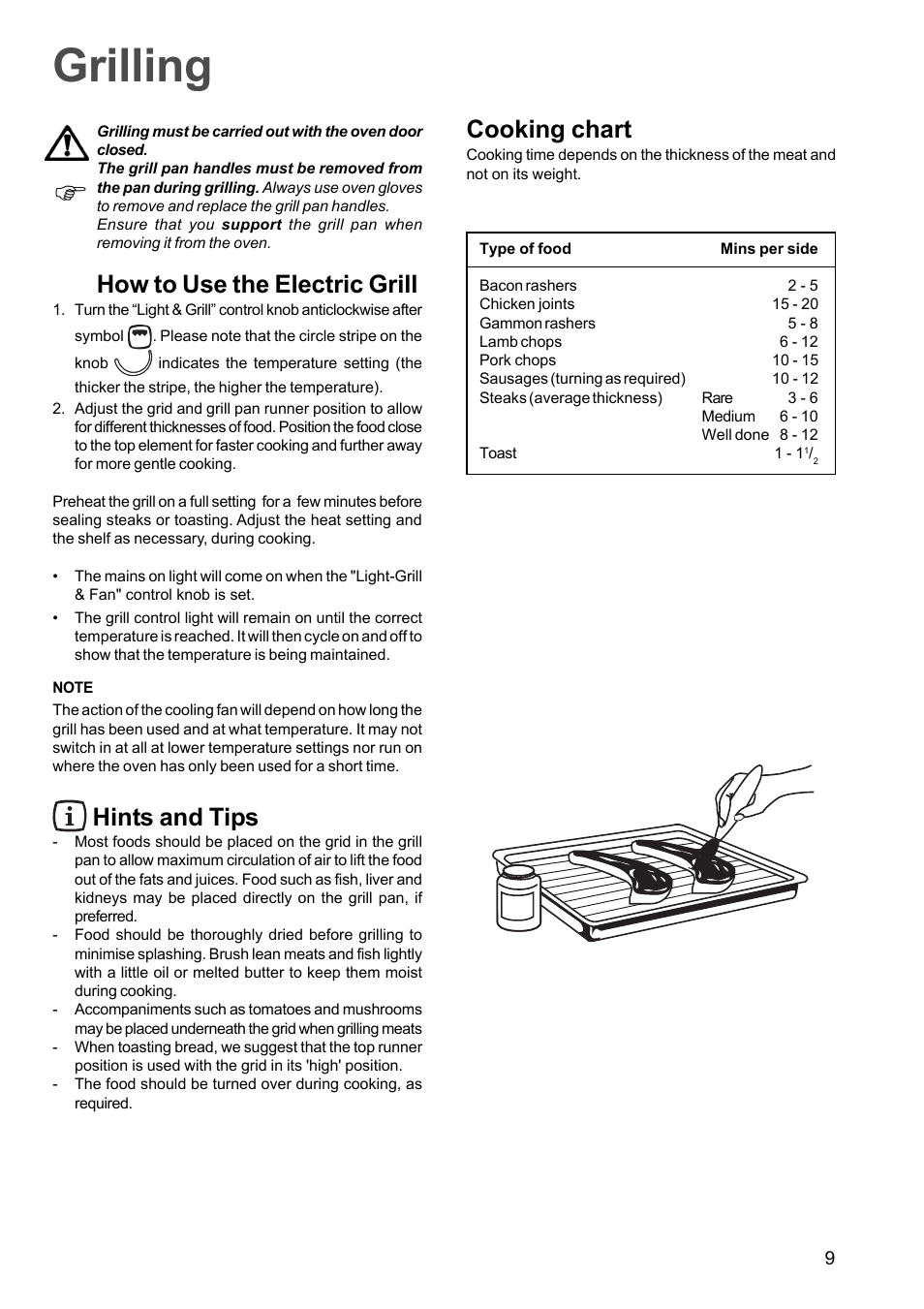 Grilling, How to use the electric grill, Hints and tips | Cooking chart | Electrolux EOG 601 User Manual | Page 9 / 20