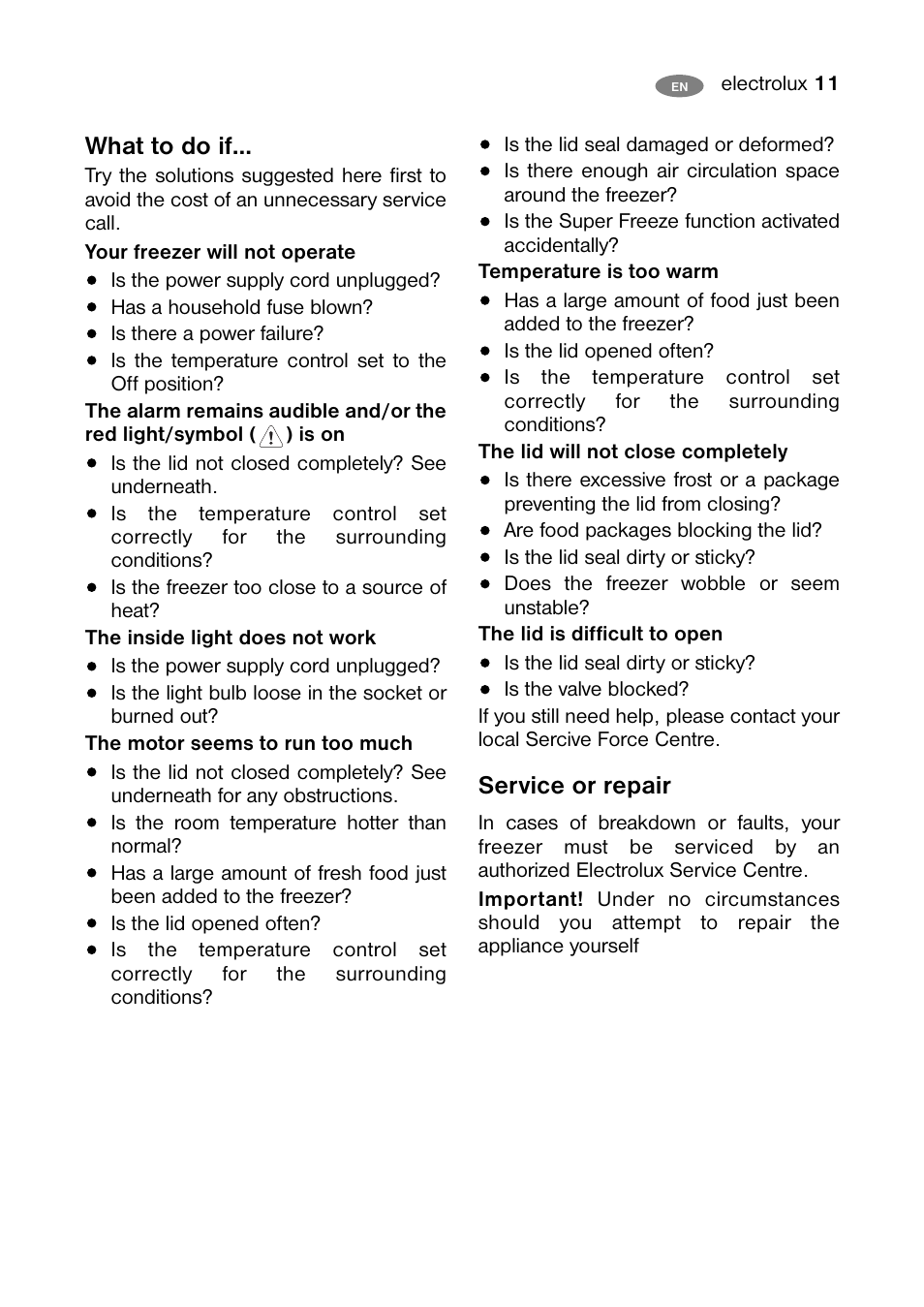 What to do if, Service or repair | Electrolux ECF24460W User Manual | Page 11 / 16