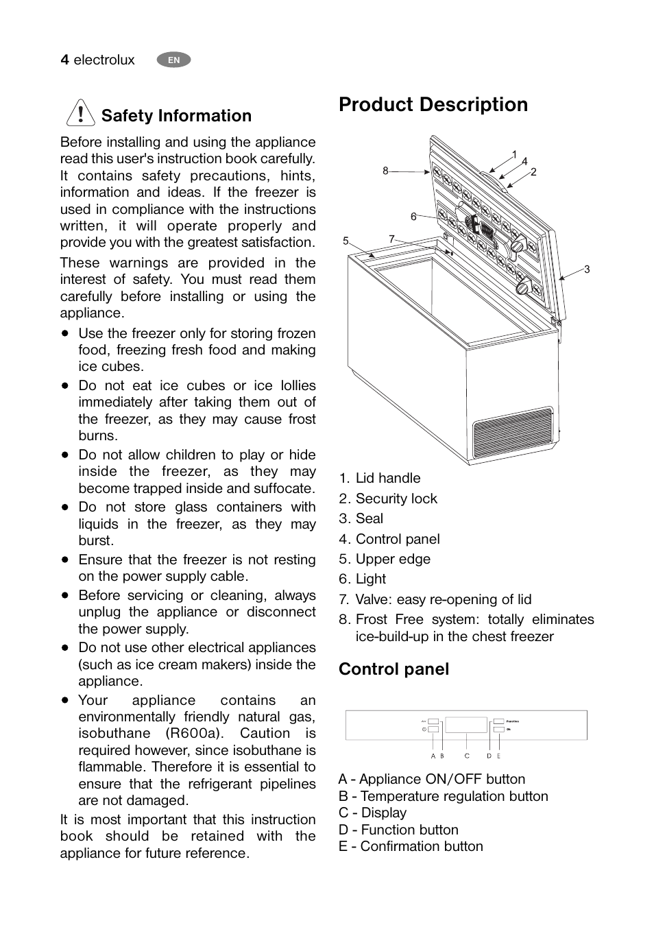 Product description, Safety information, Control panel | Electrolux ECF24460W User Manual | Page 4 / 16
