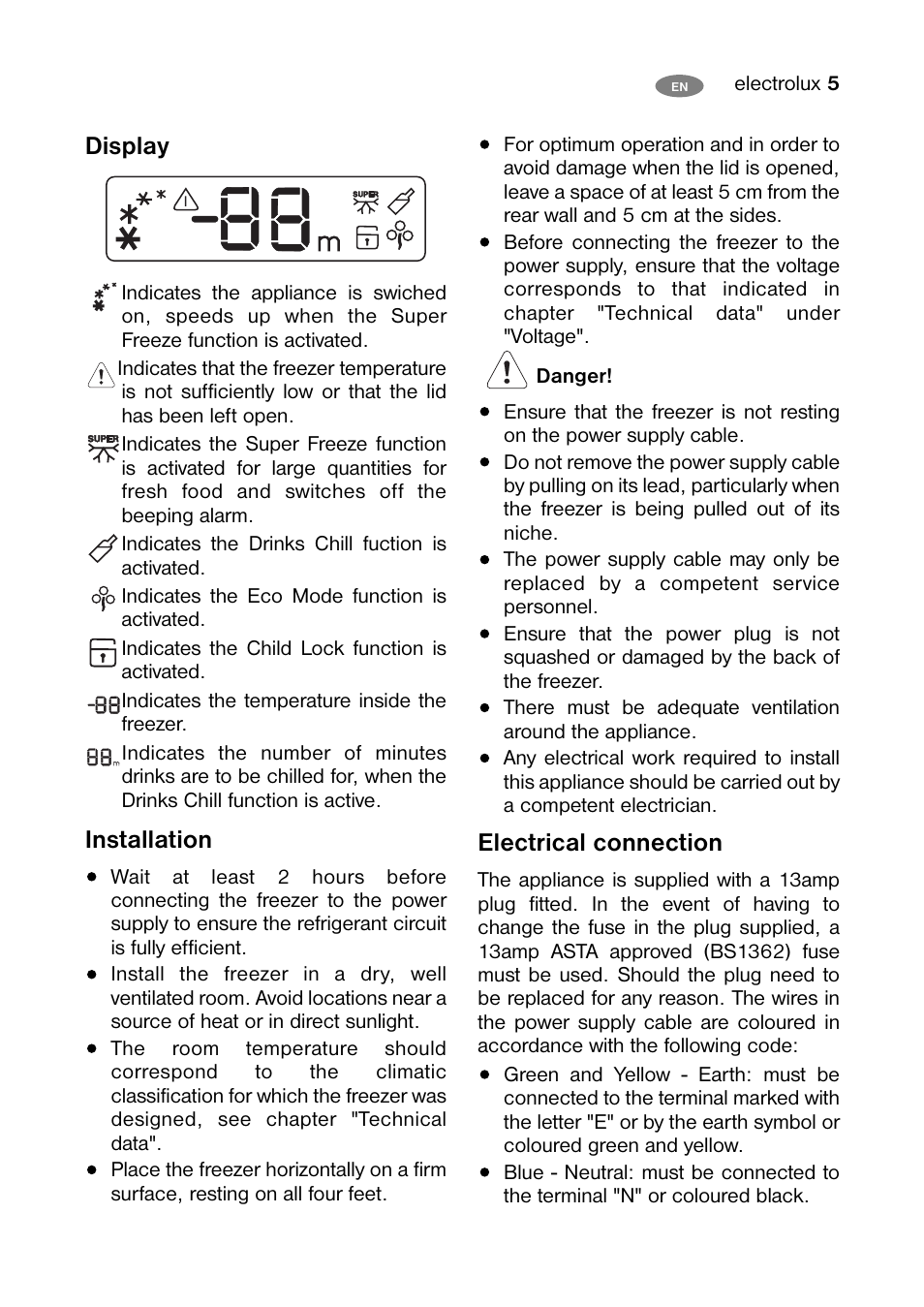 Display, Installation, Electrical connection | Electrolux ECF24460W User Manual | Page 5 / 16