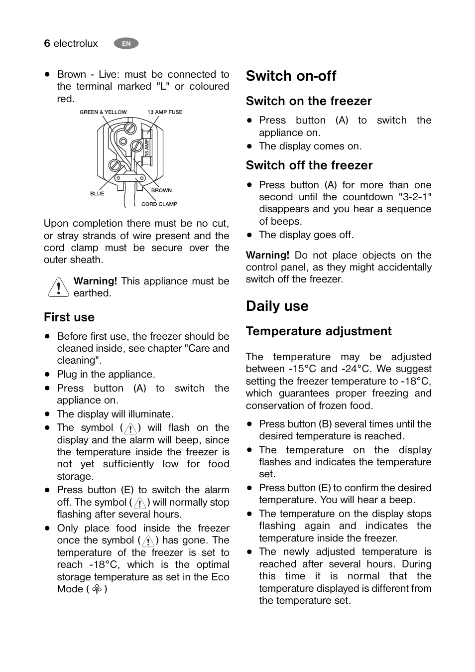 Switch on-off, Daily use | Electrolux ECF24460W User Manual | Page 6 / 16