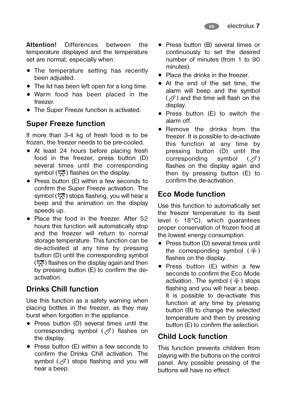 Super freeze function, Drinks chill function, Eco mode function | Child lock function | Electrolux ECF24460W User Manual | Page 7 / 16