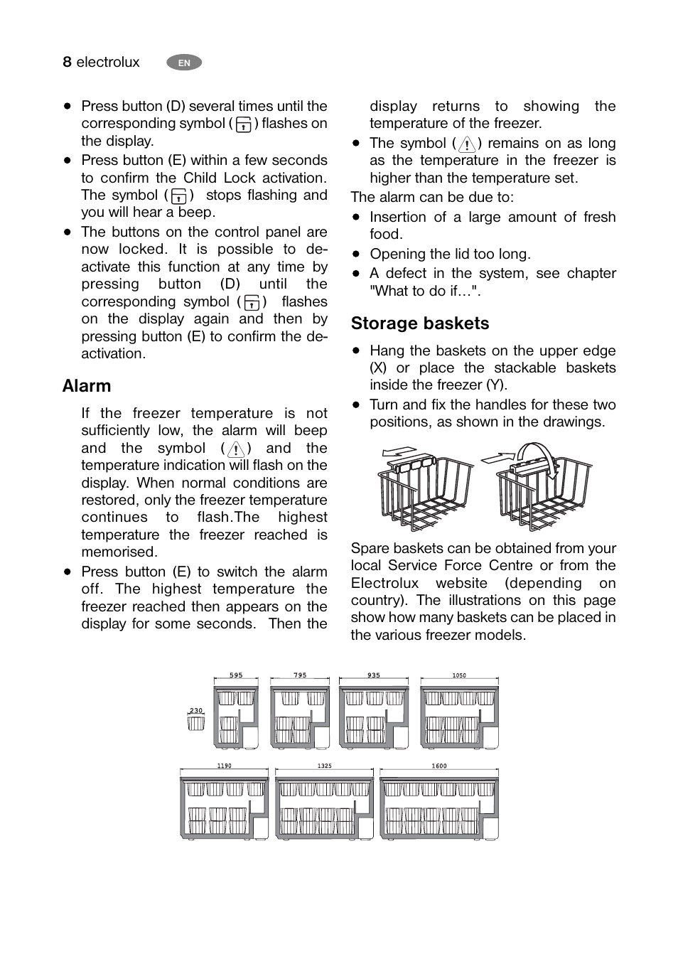 Alarm, Storage baskets | Electrolux ECF24460W User Manual | Page 8 / 16