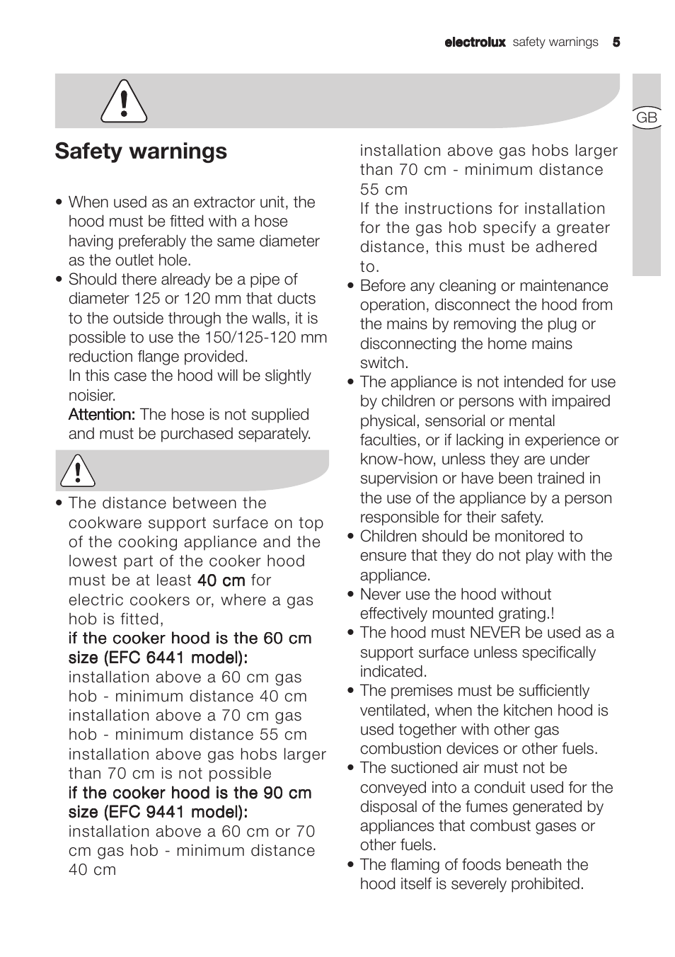 Safety warnings | Electrolux EFC 9441 User Manual | Page 5 / 24