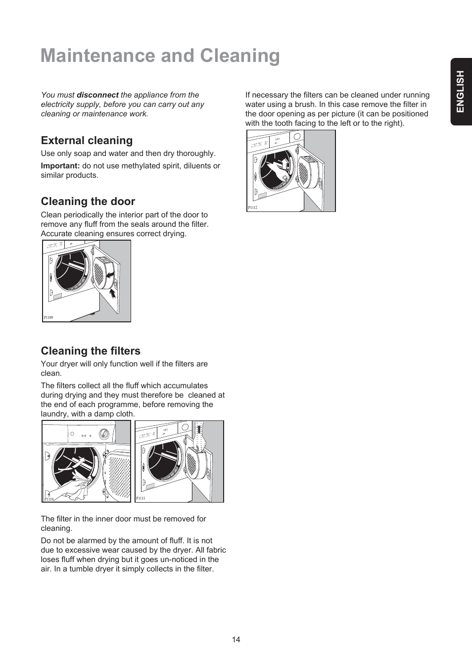 Maintenance and cleaning, External cleaning, Cleaning the door | Cleaning the filters, English | Electrolux EDE 429E User Manual | Page 14 / 16