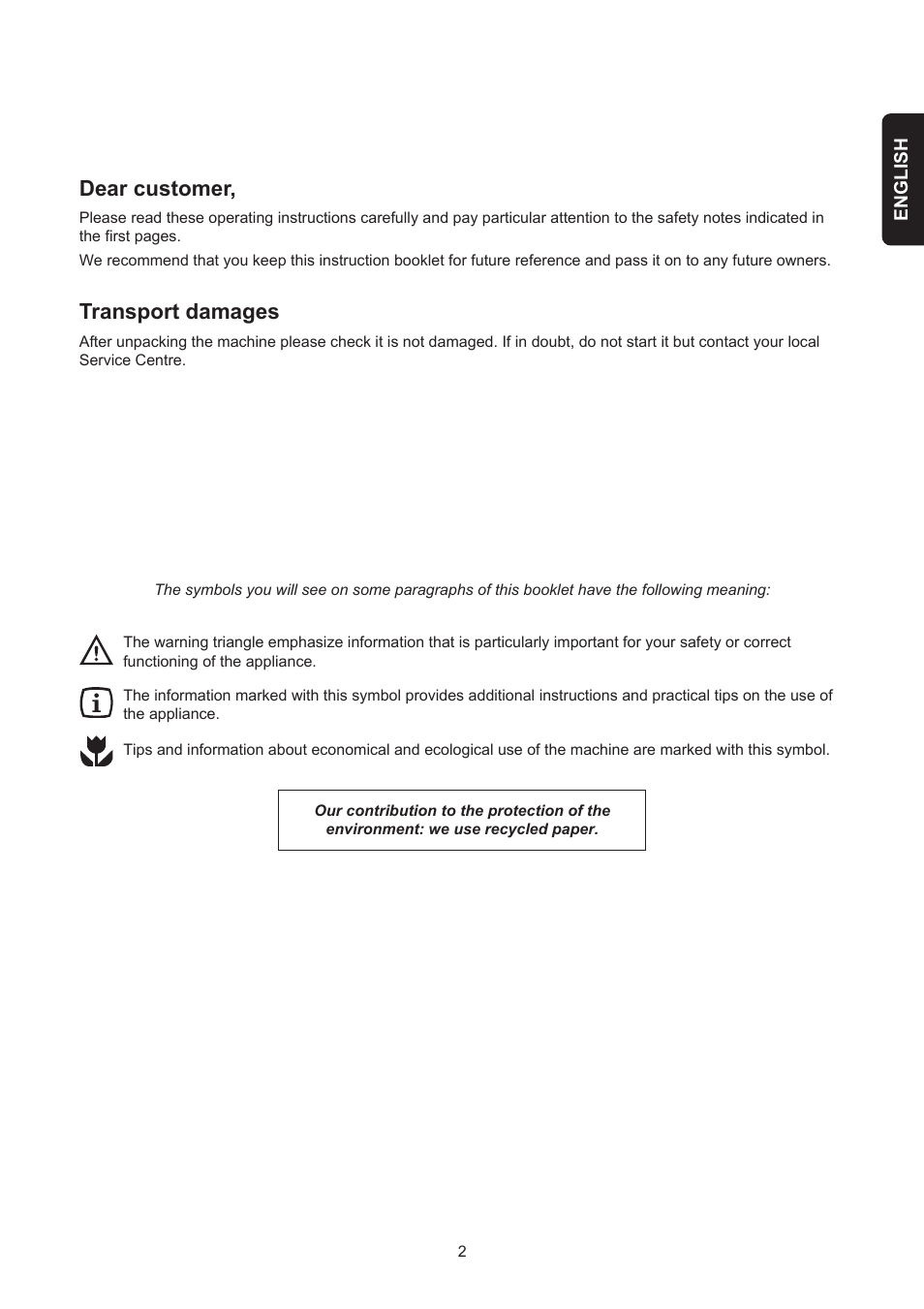 Dear customer, Transport damages | Electrolux EDE 429E User Manual | Page 2 / 16