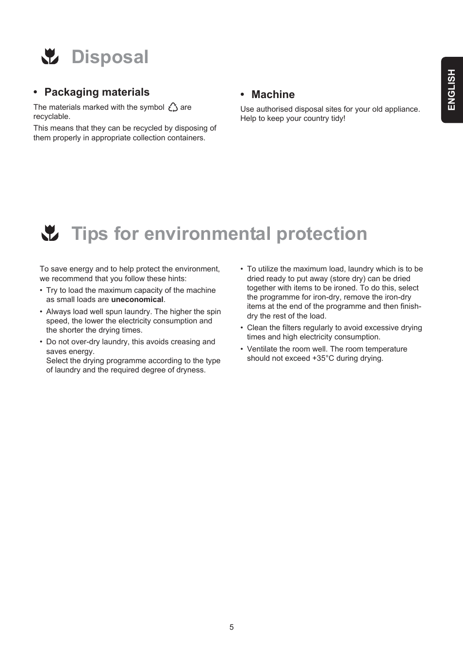 Tips for environmental protection, Disposal | Electrolux EDE 429E User Manual | Page 5 / 16