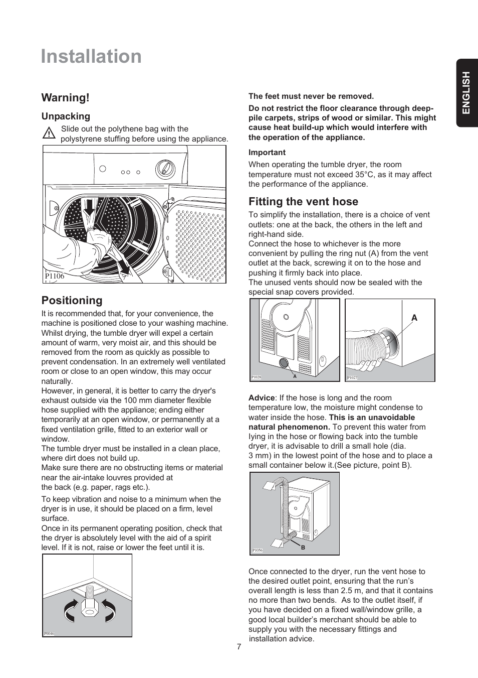 Installation, Warning, Positioning | Fitting the vent hose | Electrolux EDE 429E User Manual | Page 7 / 16