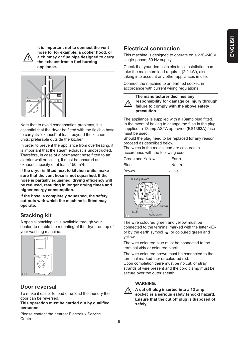 Stacking kit, Door reversal, Electrical connection | English | Electrolux EDE 429E User Manual | Page 8 / 16