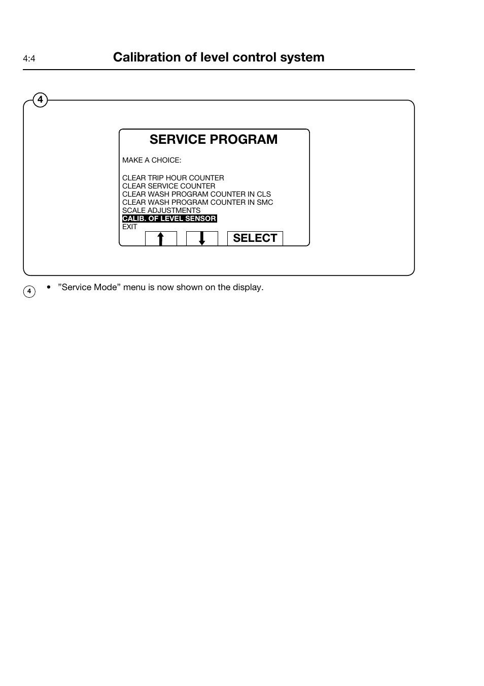 Calibration of level control system, Service program, Select | Electrolux FOM 71 CLS User Manual | Page 16 / 164