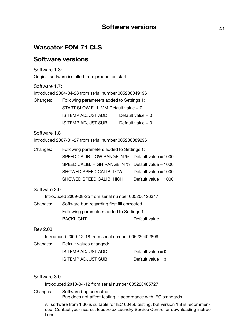 Wascator fom 71 cls software versions, Software versions | Electrolux FOM 71 CLS User Manual | Page 9 / 164