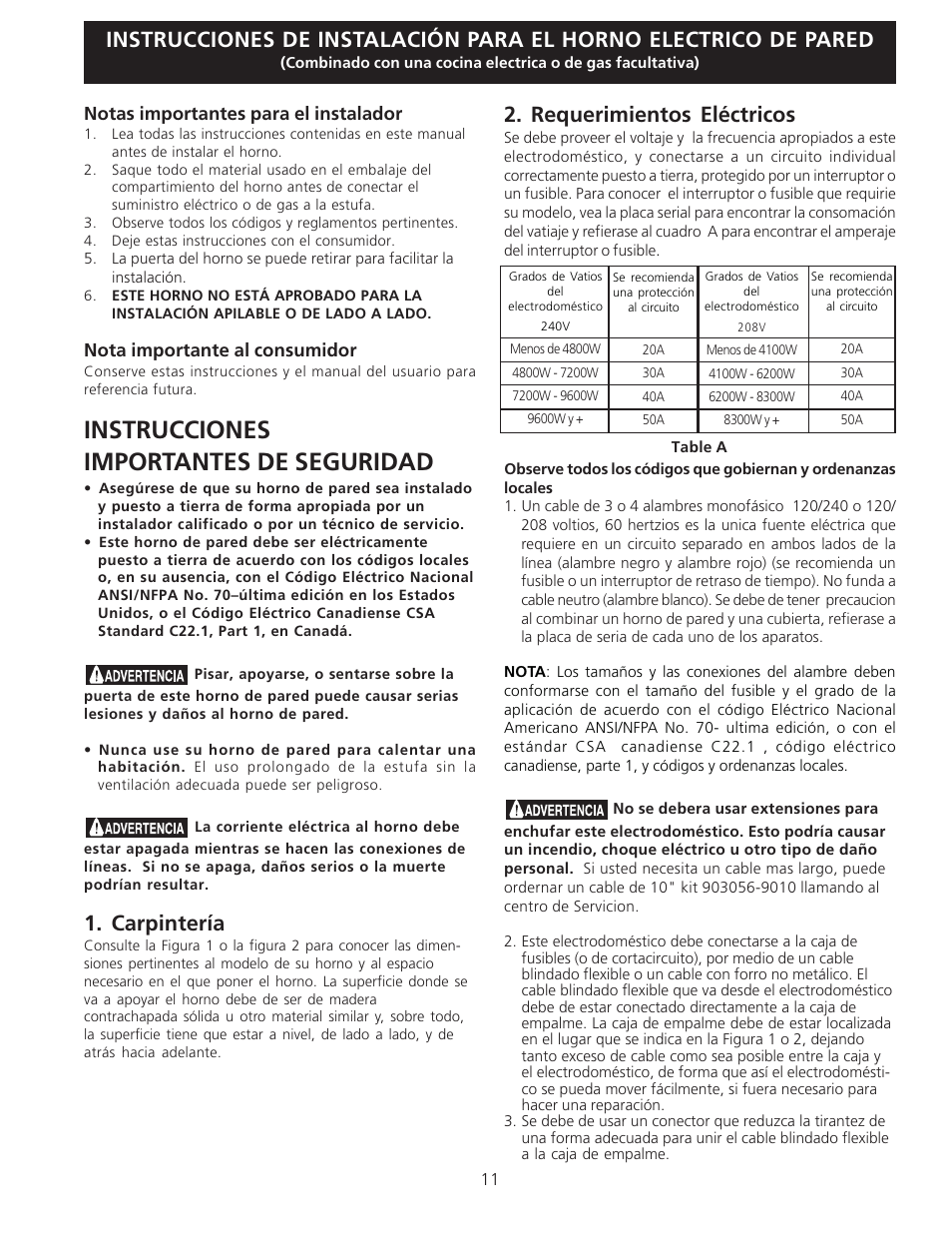 Instrucciones importantes de seguridad, Carpintería, Requerimientos eléctricos | Notas importantes para el instalador, Nota importante al consumidor | Electrolux C User Manual | Page 11 / 24