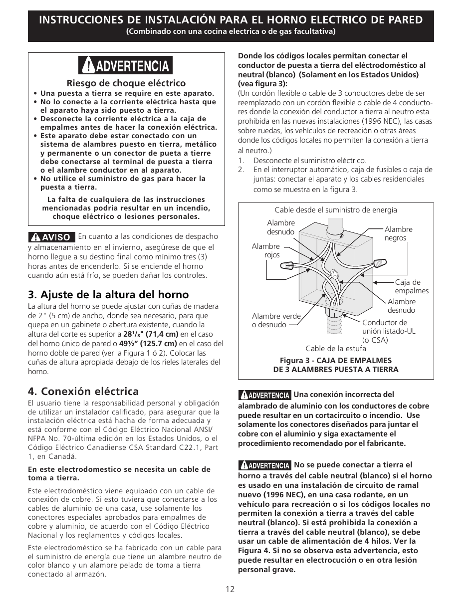 Ajuste de la altura del horno, Conexión eléctrica | Electrolux C User Manual | Page 12 / 24