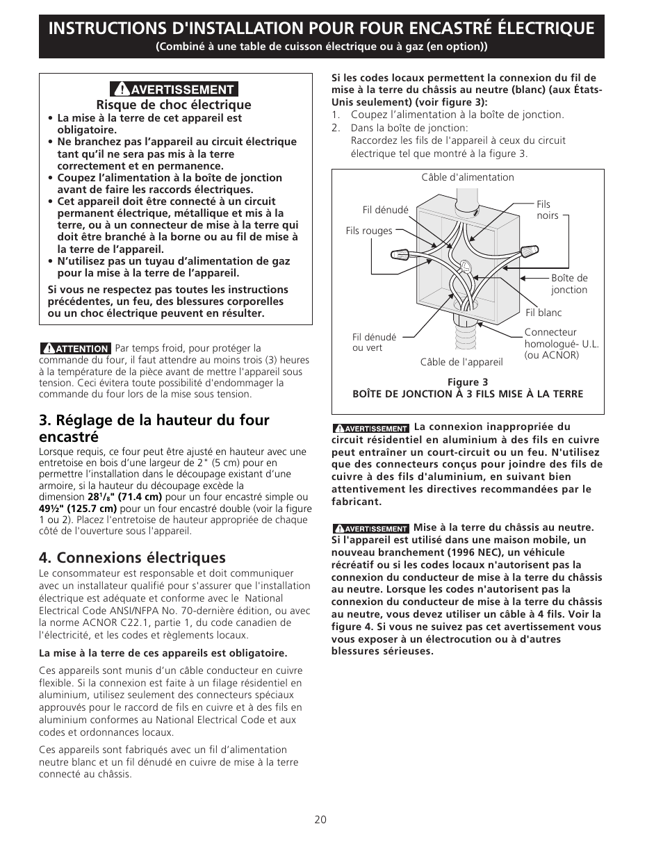 Réglage de la hauteur du four encastré, Connexions électriques | Electrolux C User Manual | Page 20 / 24