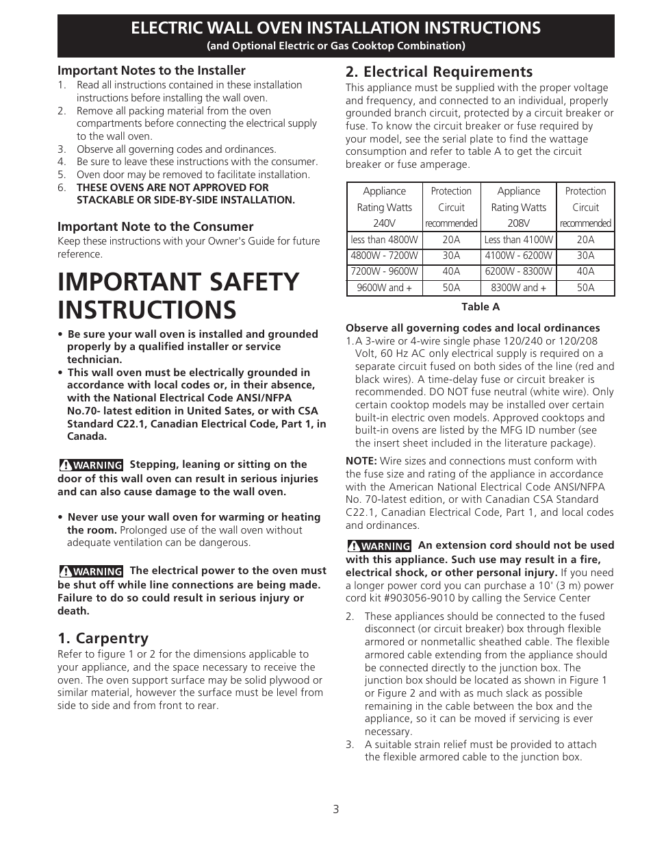 Important safety instructions, Electric wall oven installation instructions, Carpentry | Electrical requirements | Electrolux C User Manual | Page 3 / 24