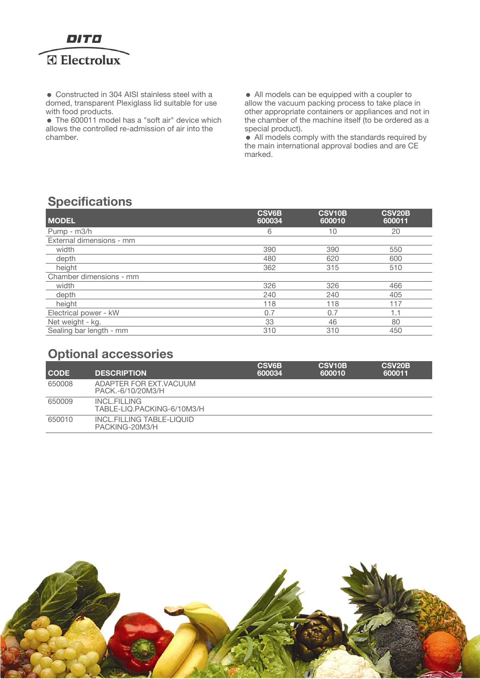 Specifications, Optional accessories | Electrolux Dito 600010 User Manual | Page 2 / 3