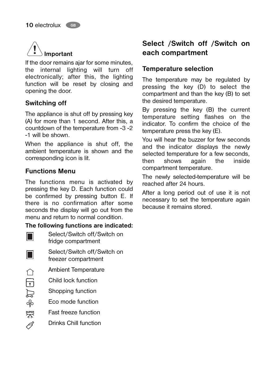 Select /switch off /switch on each compartment | Electrolux ENB 40405 W User Manual | Page 10 / 40