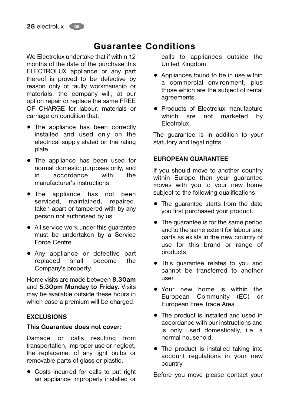 Guar, Guar ant ant ee conditions ee conditions | Electrolux ENB 40405 W User Manual | Page 28 / 40