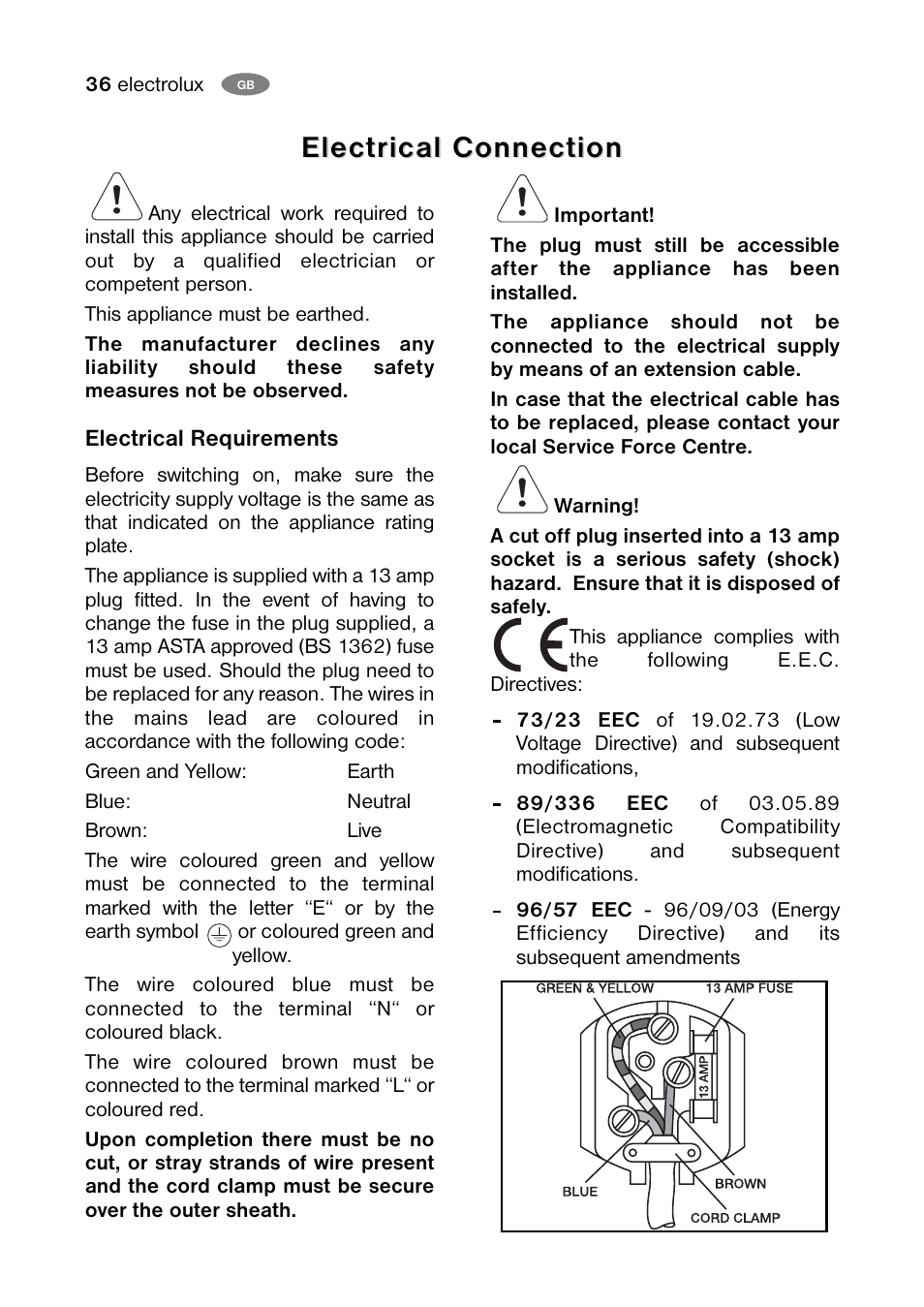 Electrical connection | Electrolux ENB 40405 W User Manual | Page 36 / 40