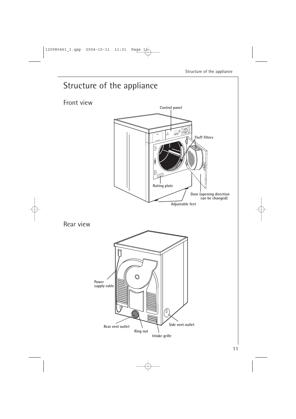 Structure of the appliance, Front view rear view | Electrolux T37400 User Manual | Page 11 / 28