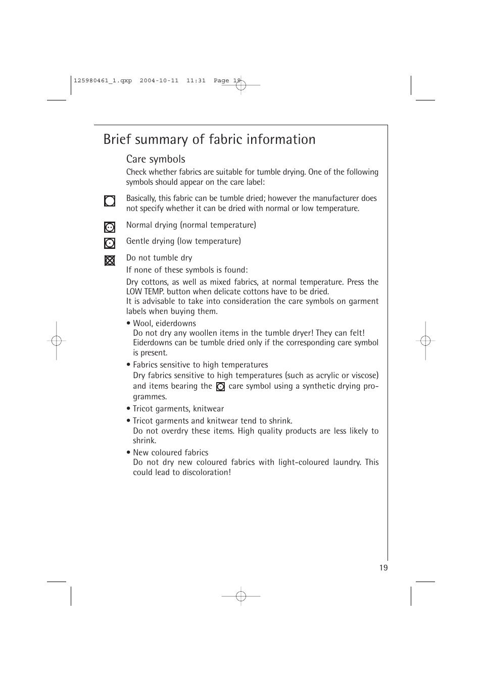 Brief summary of fabric information, Care symbols | Electrolux T37400 User Manual | Page 19 / 28