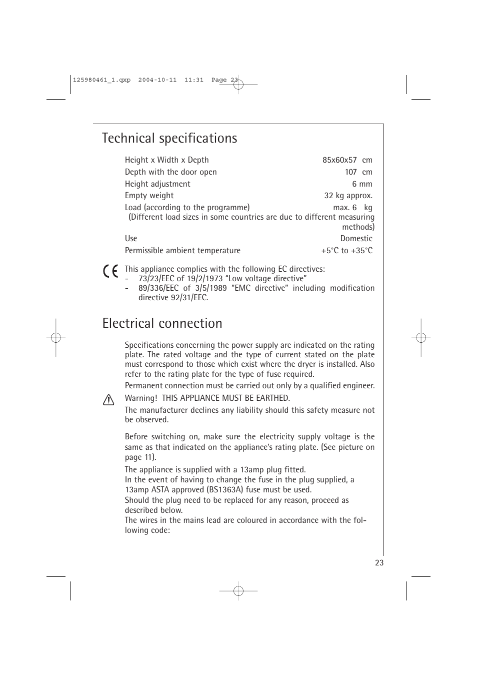 Technical specifications, Electrical connection | Electrolux T37400 User Manual | Page 23 / 28