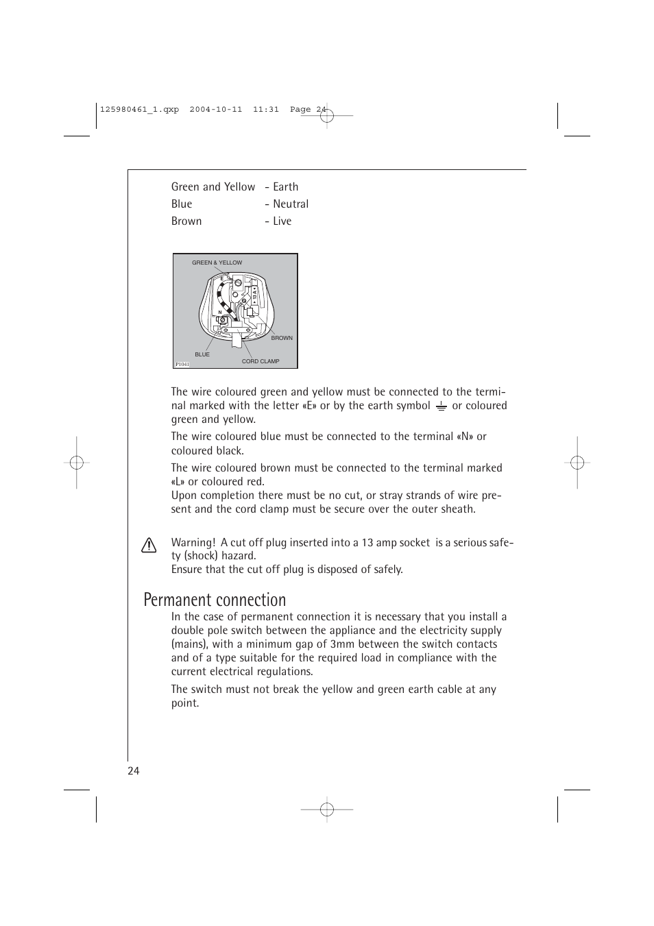 Permanent connection | Electrolux T37400 User Manual | Page 24 / 28