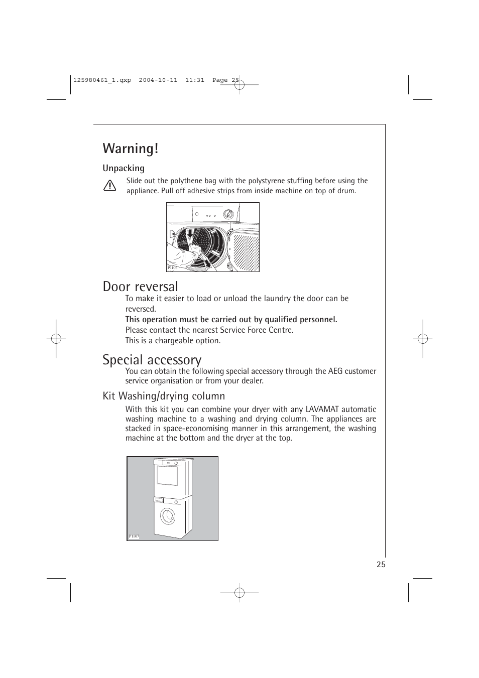 Warning, Door reversal, Special accessory | Kit washing/drying column | Electrolux T37400 User Manual | Page 25 / 28
