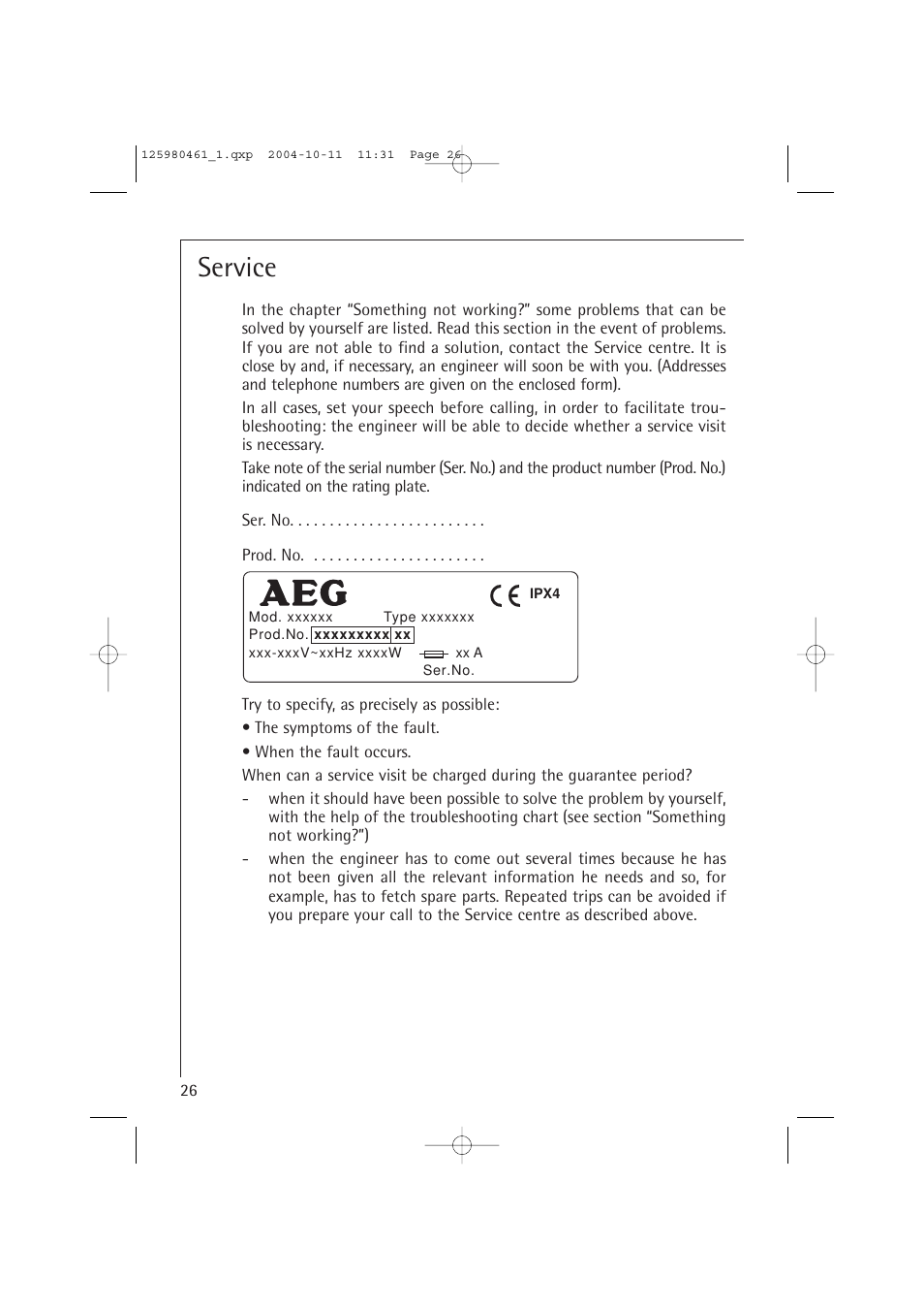 Service | Electrolux T37400 User Manual | Page 26 / 28