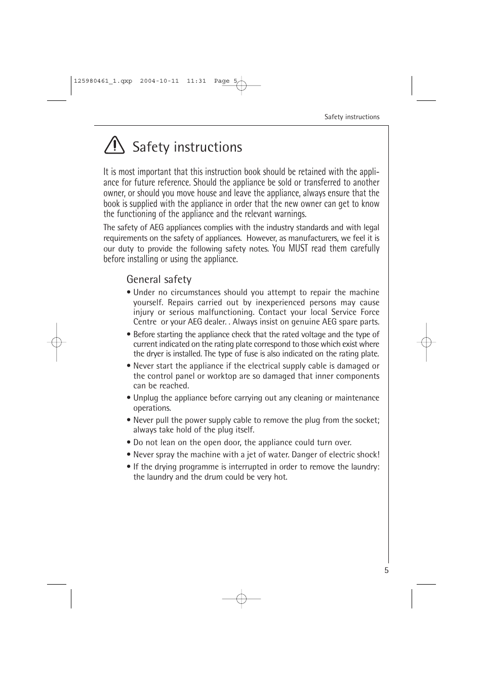 Safety instructions, General safety | Electrolux T37400 User Manual | Page 5 / 28