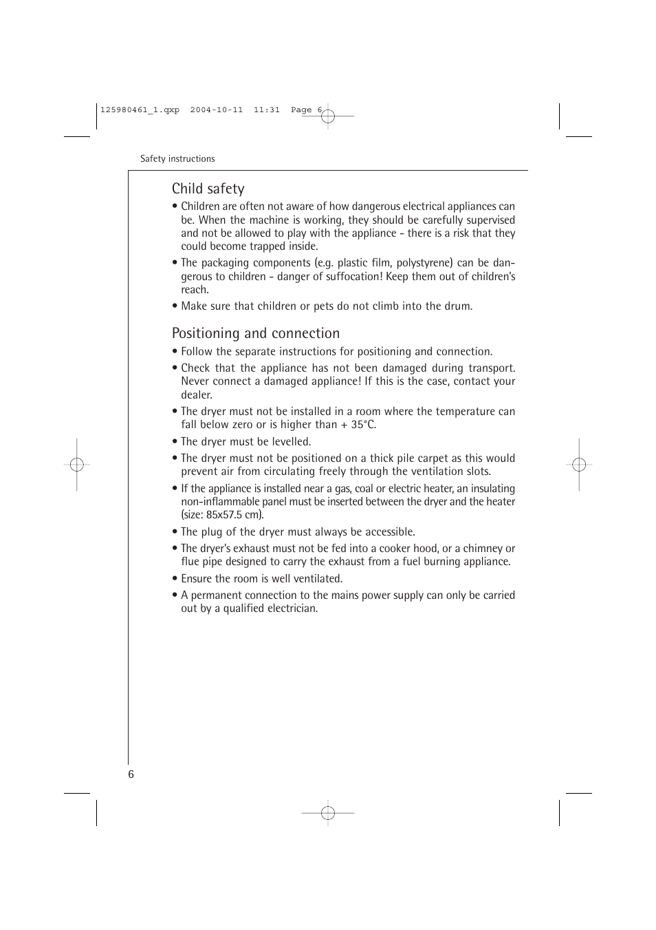 Child safety, Positioning and connection | Electrolux T37400 User Manual | Page 6 / 28