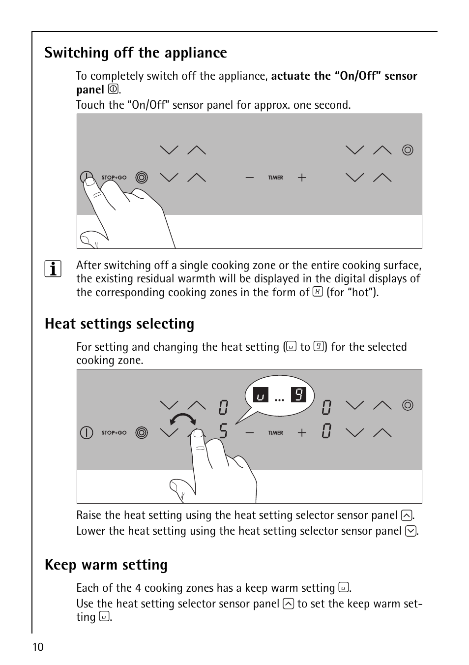 Switching off the appliance, Heat settings selecting, Keep warm setting | Electrolux 66201 KF-N User Manual | Page 10 / 36