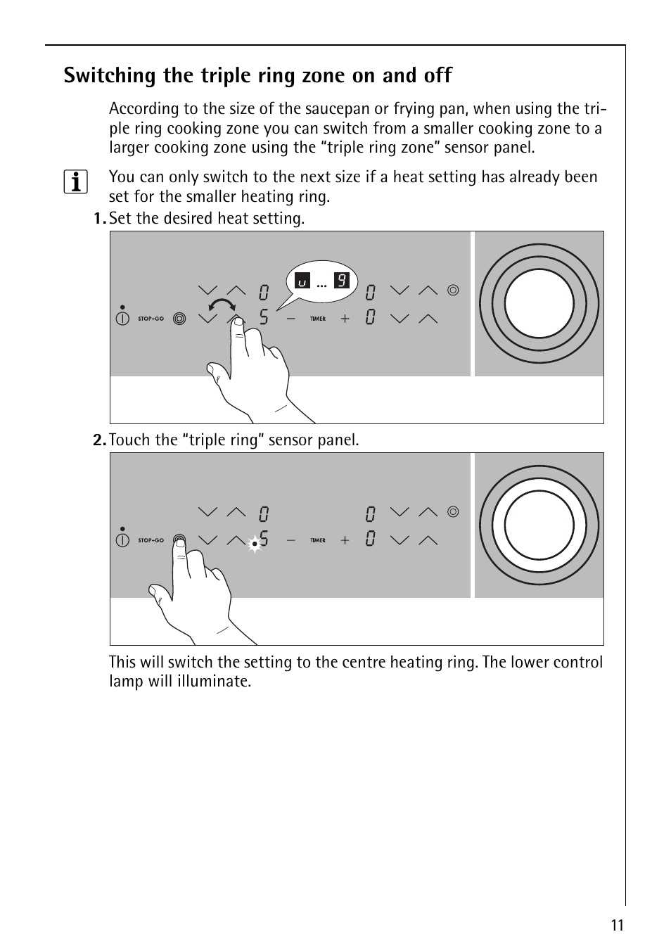 Switching the triple ring zone on and off | Electrolux 66201 KF-N User Manual | Page 11 / 36
