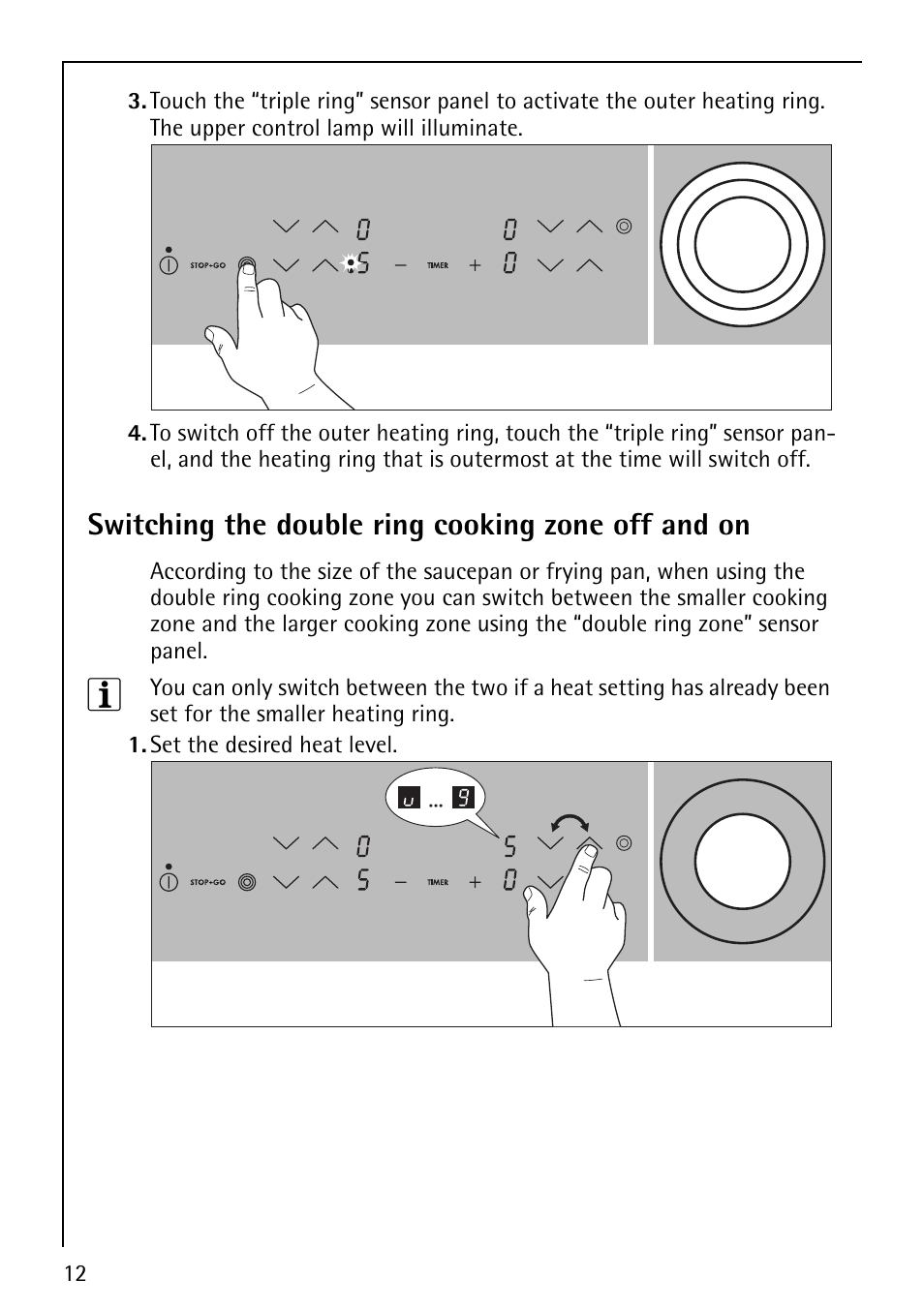 Switching the double ring cooking zone off and on | Electrolux 66201 KF-N User Manual | Page 12 / 36