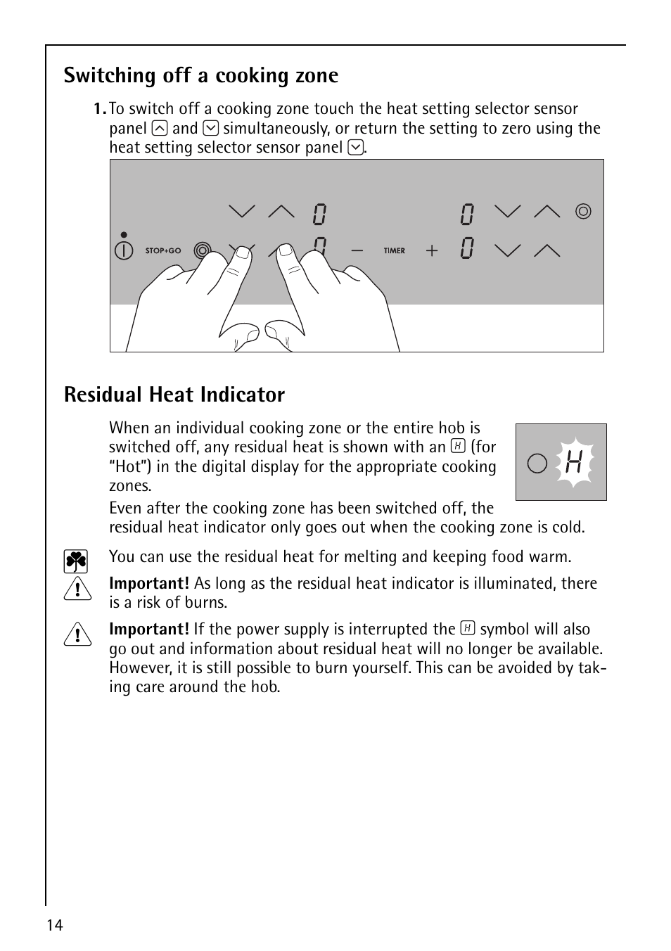 Switching off a cooking zone, Residual heat indicator | Electrolux 66201 KF-N User Manual | Page 14 / 36