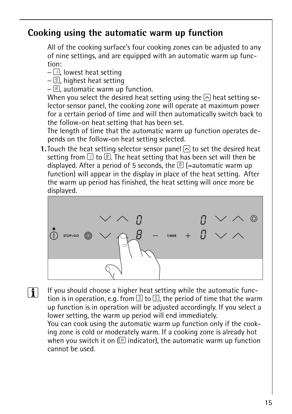 Cooking using the automatic warm up function | Electrolux 66201 KF-N User Manual | Page 15 / 36
