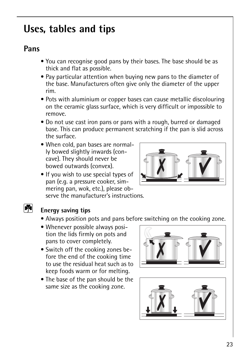 Uses, tables and tips, Pans | Electrolux 66201 KF-N User Manual | Page 23 / 36