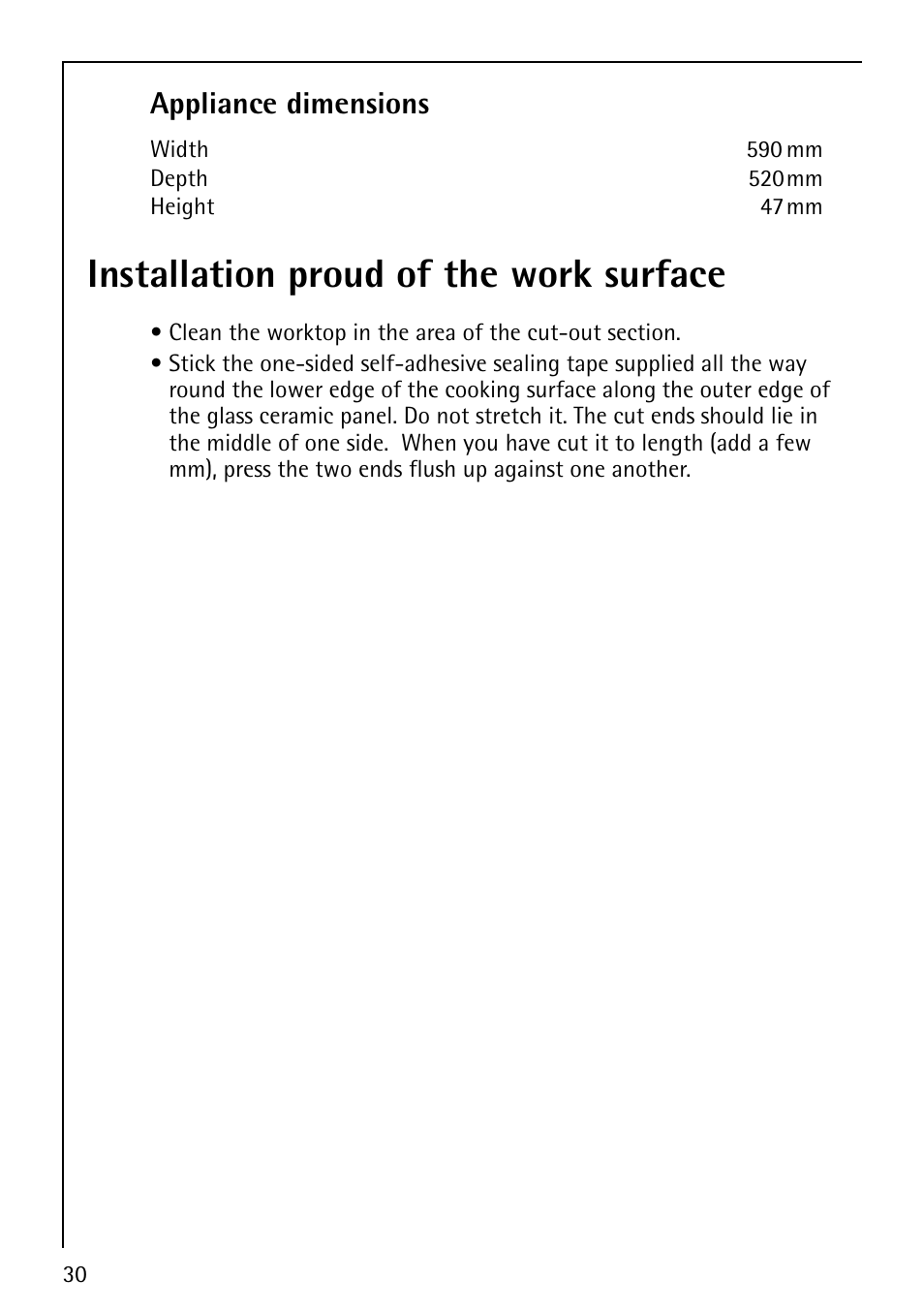 Installation proud of the work surface, Appliance dimensions | Electrolux 66201 KF-N User Manual | Page 30 / 36