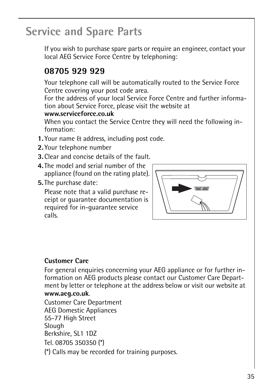 Service and spare parts | Electrolux 66201 KF-N User Manual | Page 35 / 36