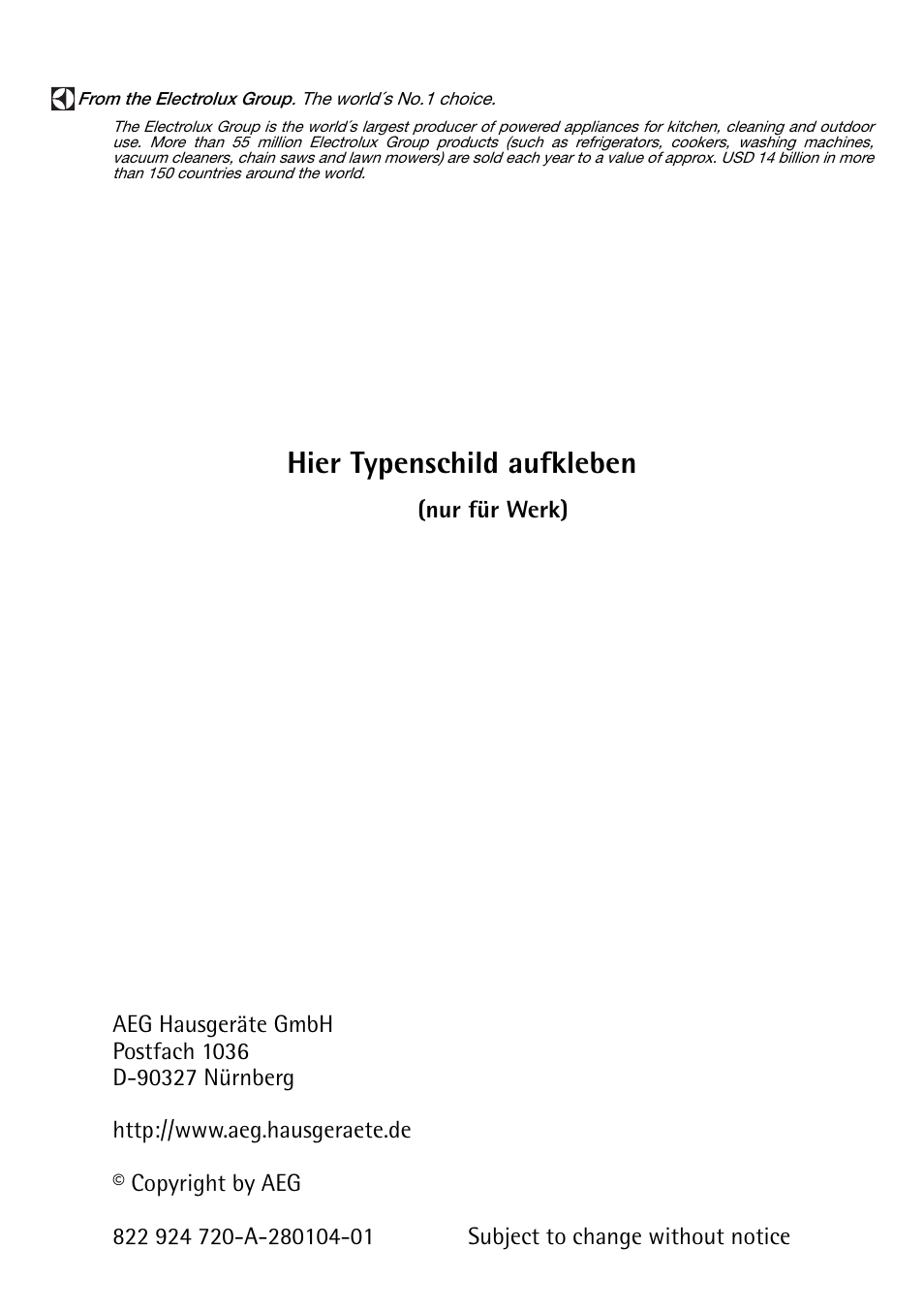 Hier typenschild aufkleben | Electrolux 66201 KF-N User Manual | Page 36 / 36