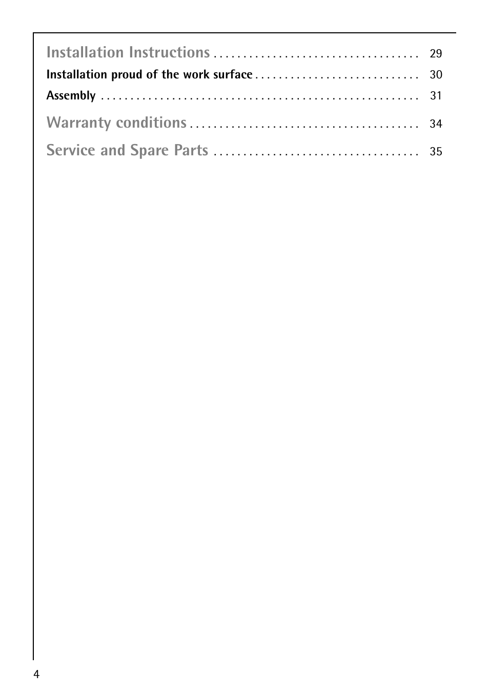Installation instructions, Warranty conditions, Service and spare parts | Electrolux 66201 KF-N User Manual | Page 4 / 36