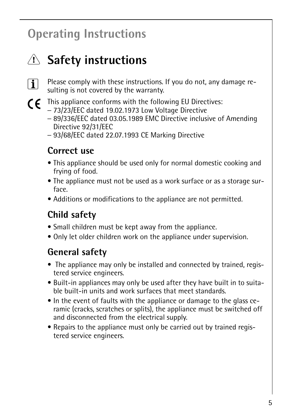 Operating instructions 1 safety instructions 3, Correct use, Child safety | General safety | Electrolux 66201 KF-N User Manual | Page 5 / 36