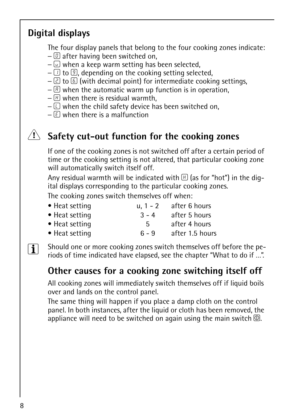 Digital displays, Safety cut-out function for the cooking zones | Electrolux 66201 KF-N User Manual | Page 8 / 36