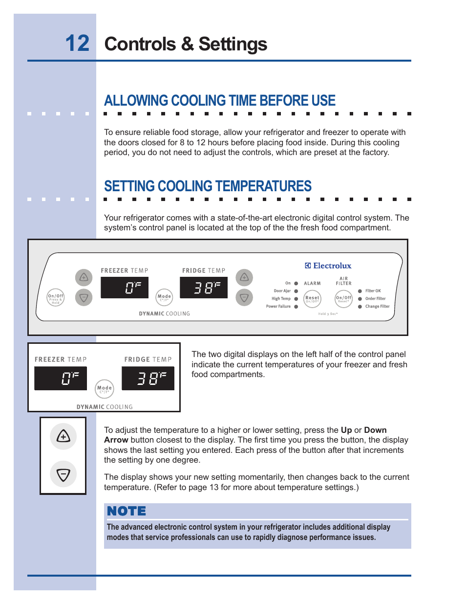 Controls & settings, Allowing cooling time before use, Setting cooling temperatures | Electrolux 241540105 (0612) User Manual | Page 12 / 42
